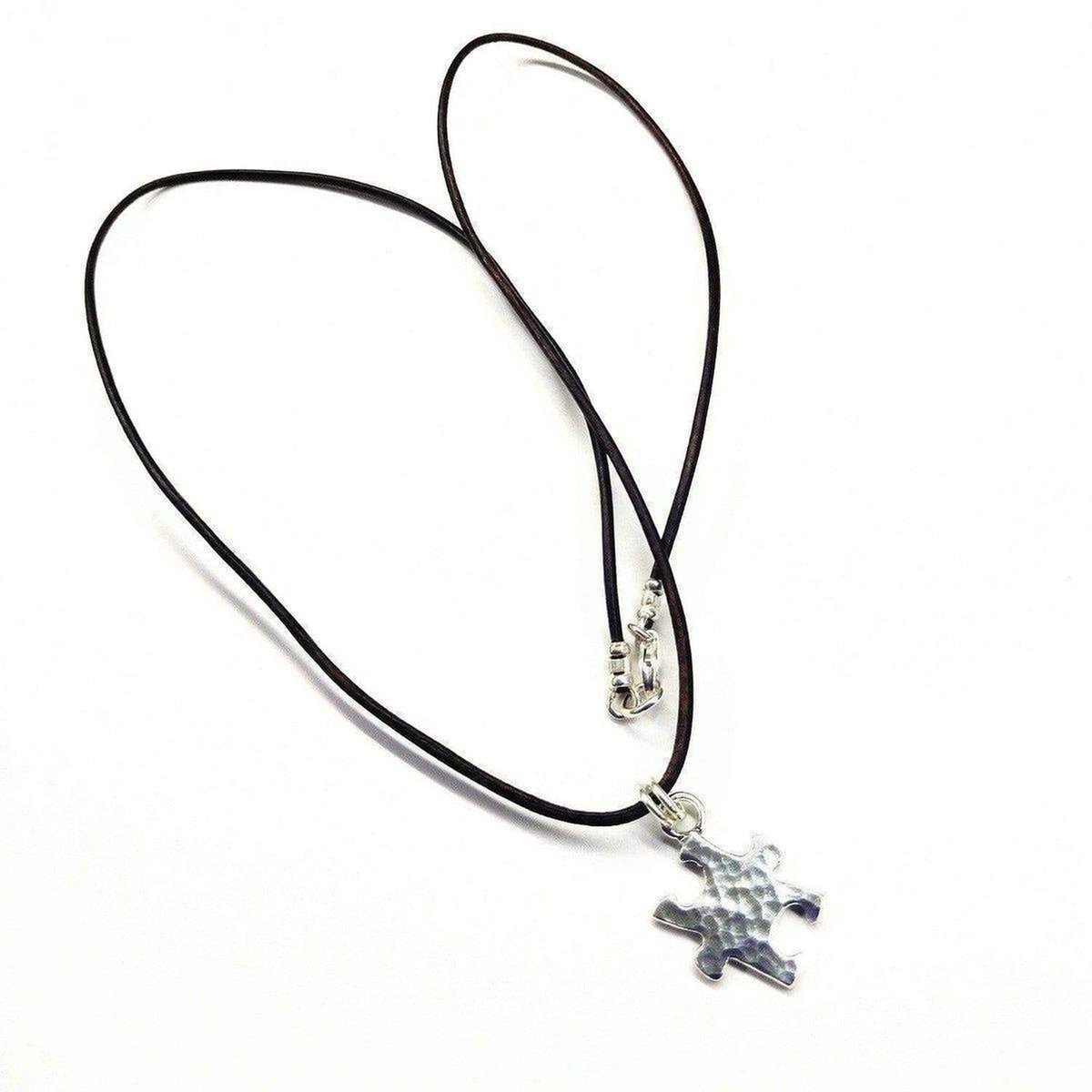 Sterling Silver Autism Awareness Puzzle Piece Leather Necklace