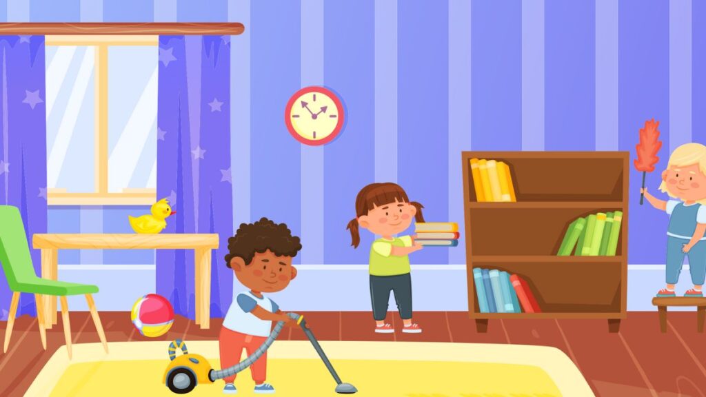 children cleaning room